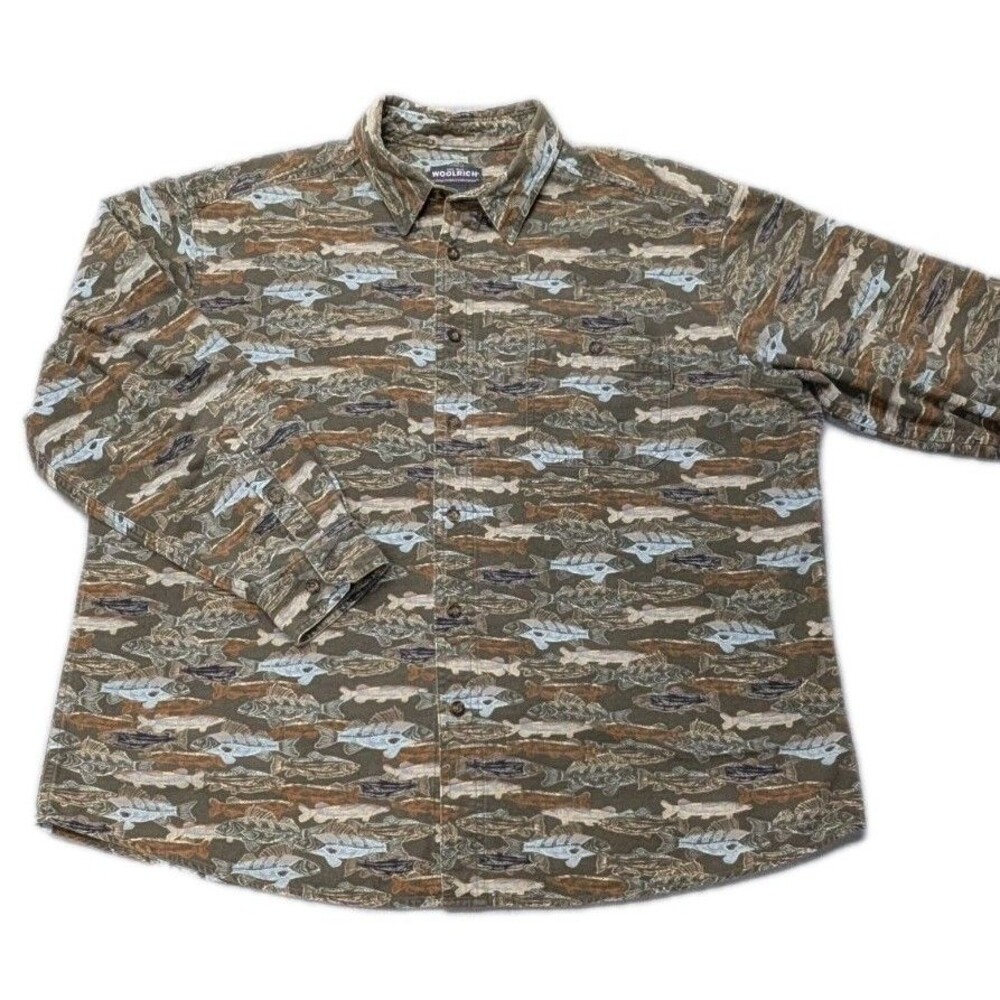 Woolrich "olive woodblock fish" flannel l/s button down shirt men's XL EUC